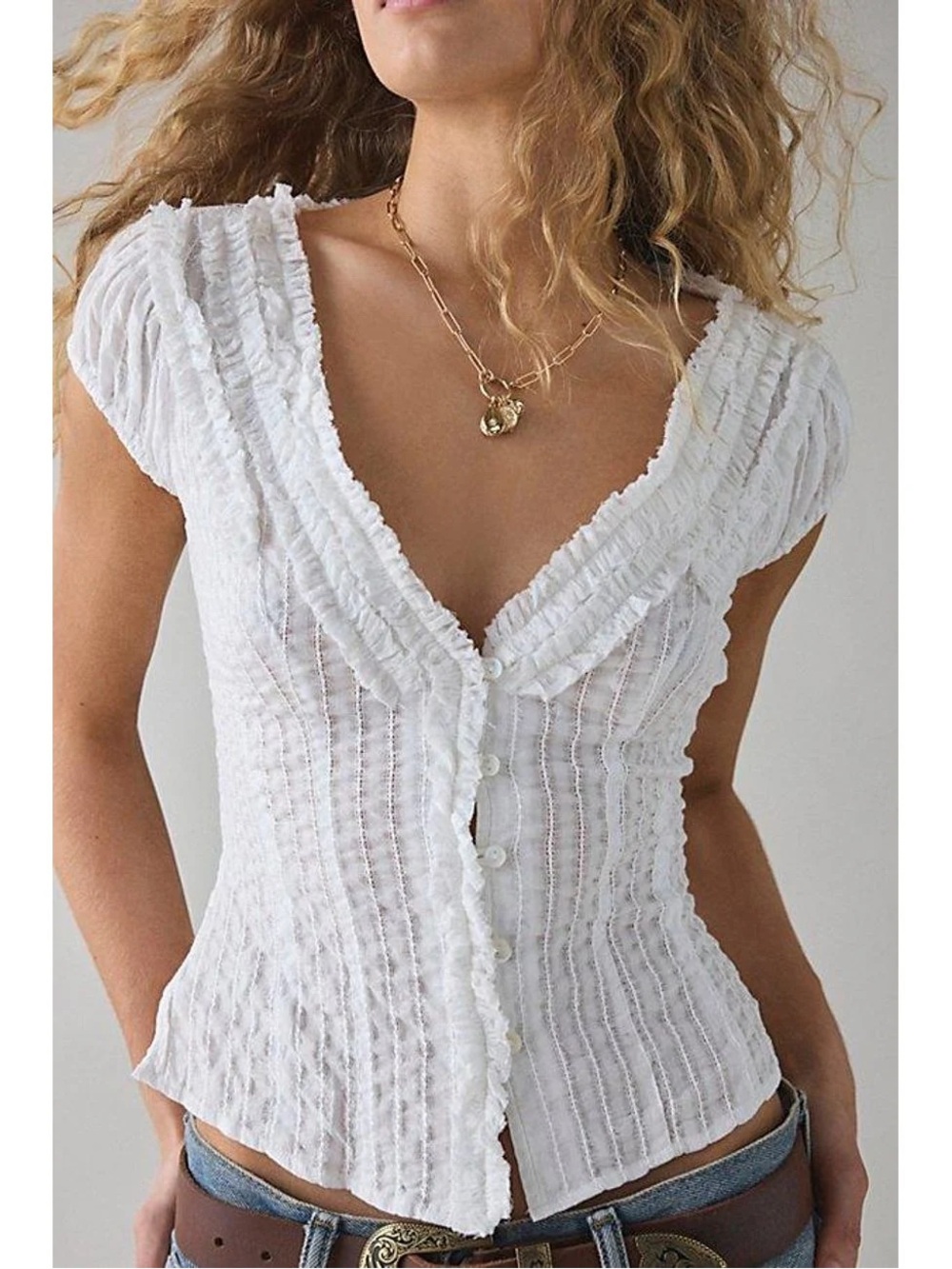 Kimchi Blue White Ruffled Button-Front Blouse